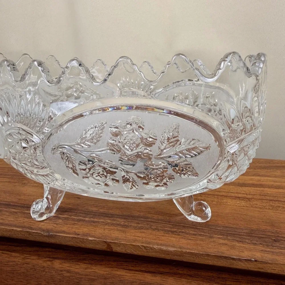 Crystal Clear Industries Flora Yugoslavia Oval Footed Bowl Frosted Rose Crystal